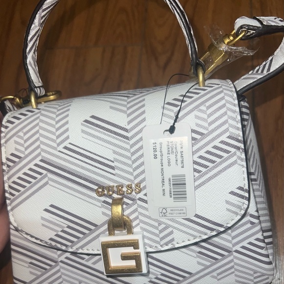 GUESS Montreal Mini Crossbody Flap Shoulder White and Gray Patterned Women's Bag - Picture 1 of 1